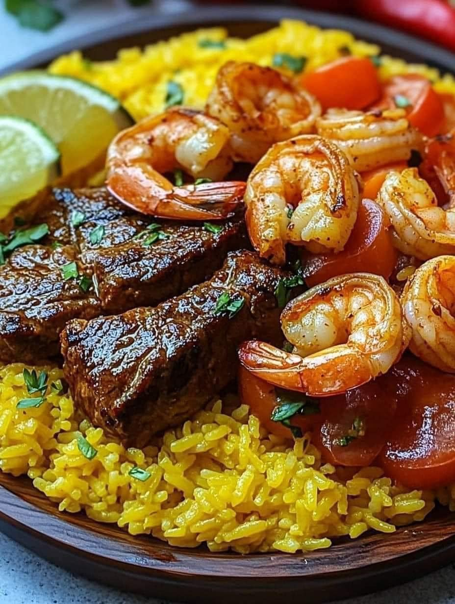 Jerk Steak & Shrimp over Yellow Rice – A Caribbean-Inspired Feast 