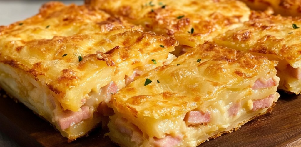 Puff pastry pie with potatoes and ham with cheese