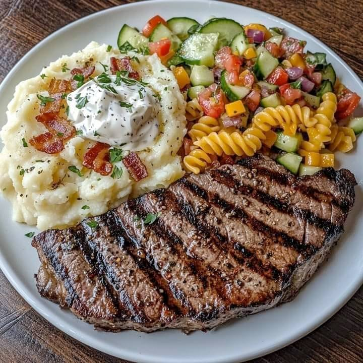 Garlic Butter Steak with Loaded Mashed Potatoes & Pasta Salad