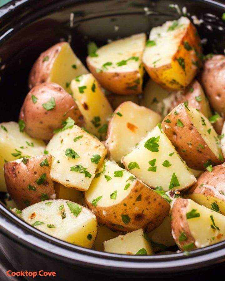 Pour olive oil and potatoes in a slow cooker for this lip-licking dish